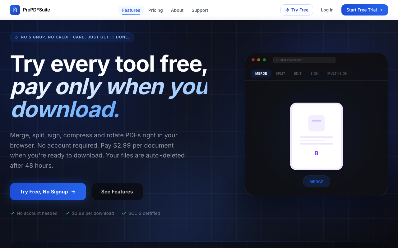 ProPDFSuite homepage showing PDF editing tools and features