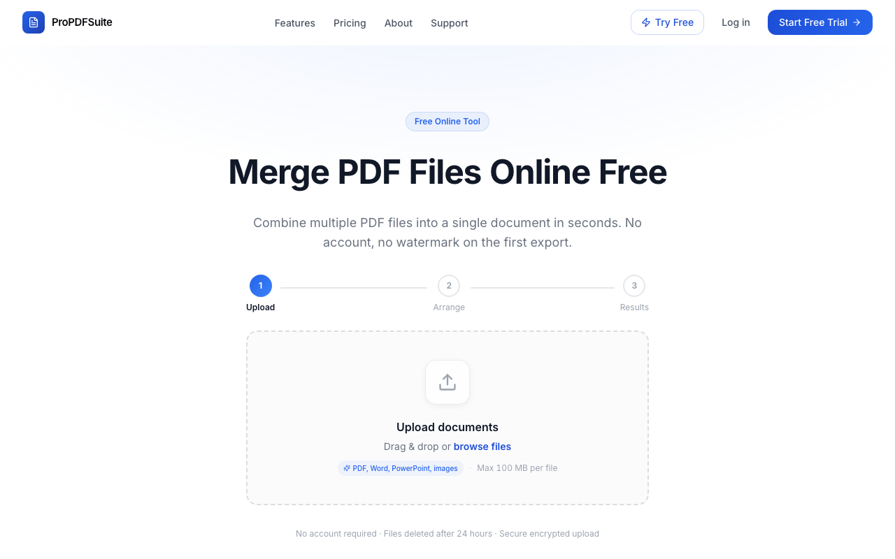 ProPDFSuite merge tool showing clean upload interface on any device