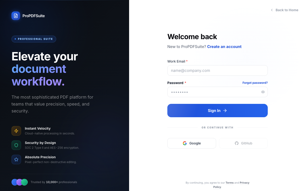 ProPDFSuite sign PDF tool with upload zone and signature options